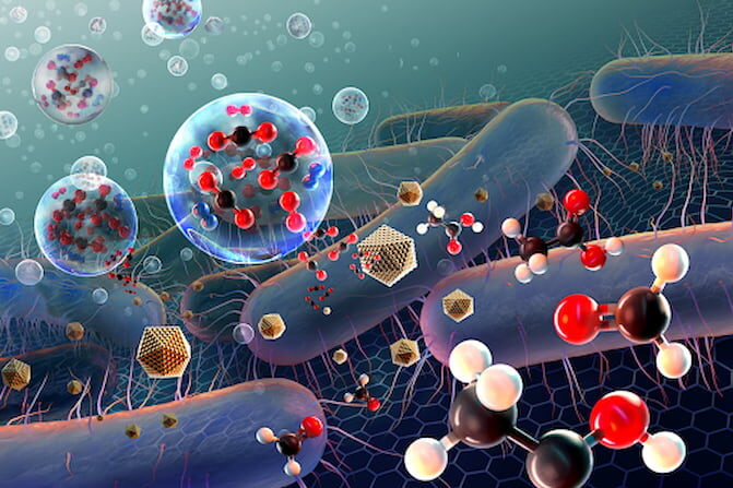Artistic rendering of waste CO2 gas streams being upgraded to valuable chemicals by metal nanoparticles or electroactive microbes.